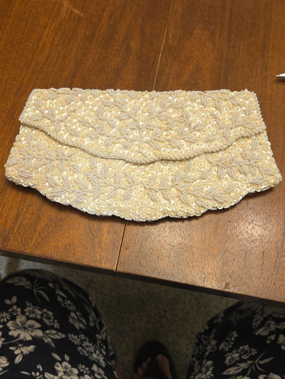 Simon Ernest Blum Cream Beaded Floral Evening Clutch